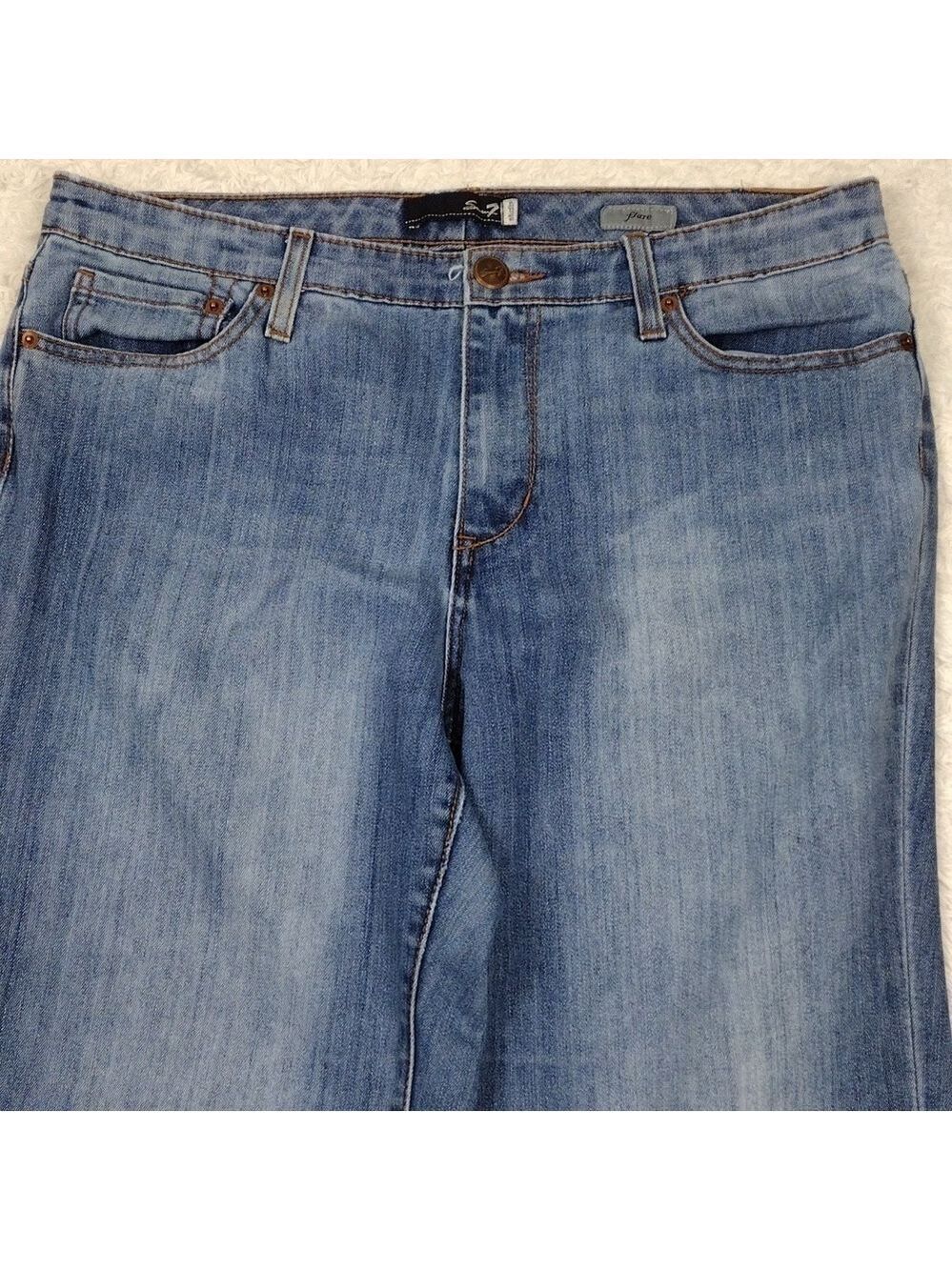 Seven7 Studio Blue Medium Wash Embroidered Five Pocket High Rise Flare Leg Jean - Picture 3 of 16